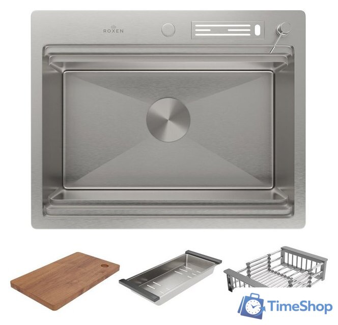 Кухонная мойка Roxen Stage 560250-60 сатин (c держателем для ножей, двумя коландерами, разделочной доской и дозатором) - Изображение №3 — Интернет-магазин Time-Shop