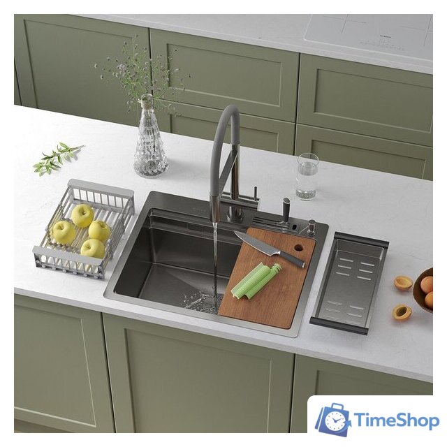 Кухонная мойка Roxen Stage 560250-60 сатин (c держателем для ножей, двумя коландерами, разделочной доской и дозатором) - Изображение №1 — Интернет-магазин Time-Shop
