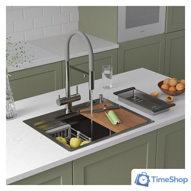 Кухонная мойка Roxen Stage 560250-60 сатин (c держателем для ножей, двумя коландерами, разделочной доской и дозатором) - Изображение №2 — Интернет-магазин Time-Shop