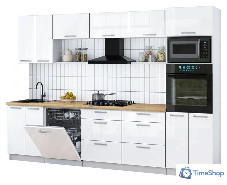 Готовая кухня Интерлиния Мила Gloss 3.0-ПМ1 (белый глянец/белый глянец/дуб бунратти) - Изображение №1 — Интернет-магазин Time-Shop