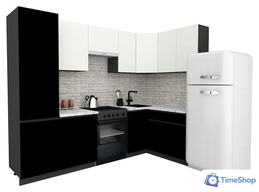 Готовая кухня ВерсоМебель Эко-8 1.4x2.7 правая (белый фасадный/черный/ст.мрамор итальянский) - Изображение №1 — Интернет-магазин Time-Shop