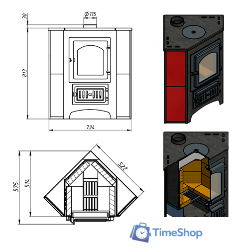 Встраиваемая печь-камин Везувий ПК-01(220) 9 кВт (с плитой, угловой, красный) - Изображение №2 — Интернет-магазин Time-Shop