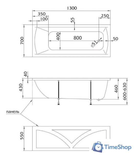 Ванна 1Марка Modern 130x70 (с ножками) - Изображение №3 — Интернет-магазин Time-Shop