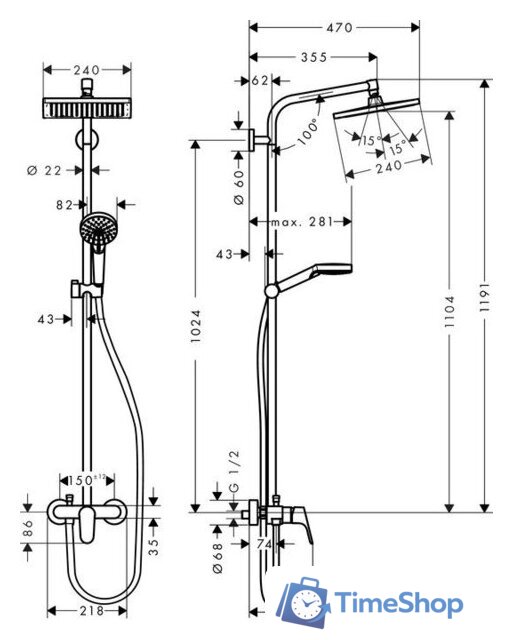 Душевая система  Hansgrohe Crometta E 240 1jet Showerpipe [27284000] - Изображение №2 — Интернет-магазин Time-Shop
