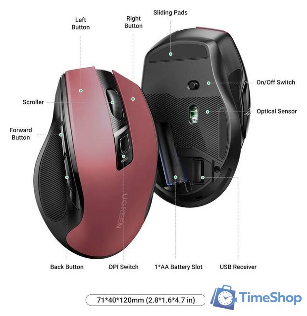 Мышь Ugreen MU006 25752 (красный) - Изображение №2 — Интернет-магазин Time-Shop
