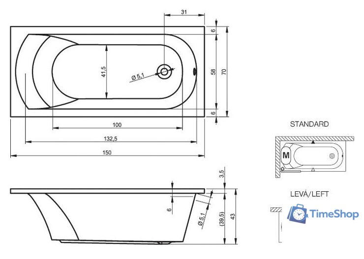 Ванна Riho Miami 150x70 (без ножек) - Изображение №2 — Интернет-магазин Time-Shop