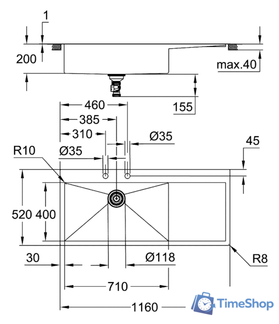 Кухонная мойка Grohe K1000 80-S 116/52 1.0 lh 31581SD1 (левая) - Изображение №3 — Интернет-магазин Time-Shop
