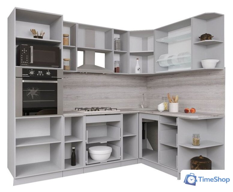 Готовая кухня Интерлиния Мила Gloss 1.68x2.4 правая (белый софт/белый софт/травертин серый) - Изображение №2 — Интернет-магазин Time-Shop