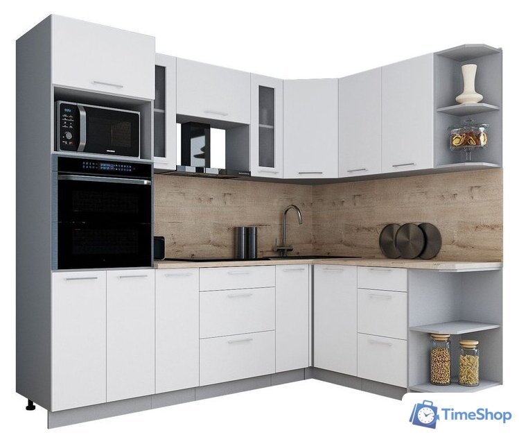 Готовая кухня Интерлиния Мила Gloss 1.68x2.4 правая (белый софт/белый софт/травертин серый) - Изображение №1 — Интернет-магазин Time-Shop