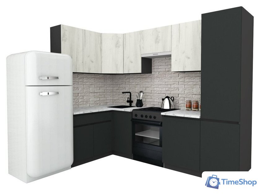 Готовая кухня ВерсоМебель Эко-8 1.4x2.7 левая (дуб крафт белый/антрацит/ст.мрамор итальянский) - Изображение №1 — Интернет-магазин Time-Shop