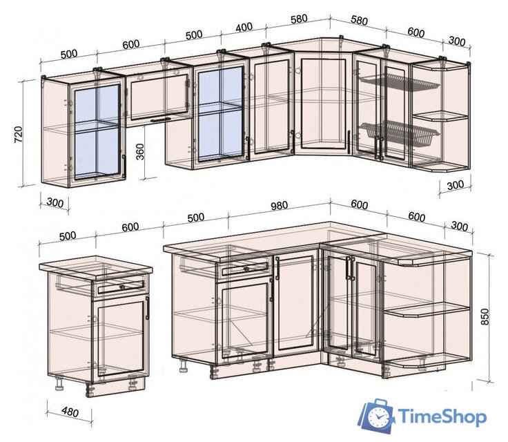 Готовая кухня Интерлиния Тренд 1.5x2.6 правая (мята/мята/дуб бунратти) - Изображение №6 — Интернет-магазин Time-Shop