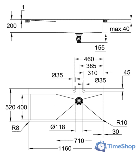 Кухонная мойка Grohe K1000 80-S 116/52 1.0 rh 31582SD1 (правая) - Изображение №3 — Интернет-магазин Time-Shop