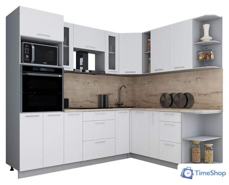 Готовая кухня Интерлиния Мила Gloss 1.88x2.4 правая (белый софт/белый софт/травертин серый) - Изображение №1 — Интернет-магазин Time-Shop