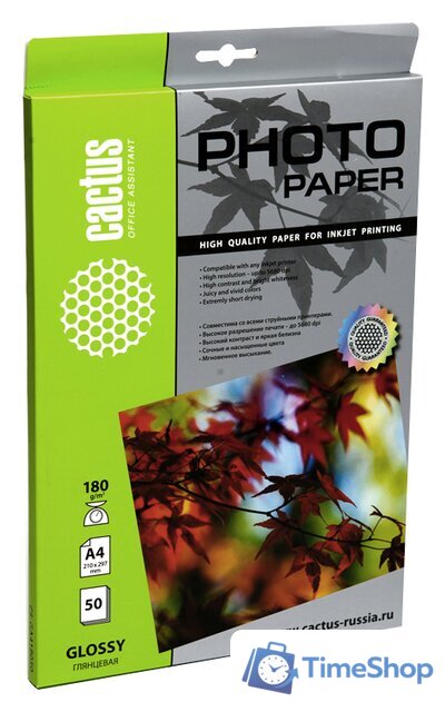Фотобумага CACTUS Глянцевая A4 180 г/кв.м. 50 листов (CS-GA418050) - Изображение №1 — Интернет-магазин Time-Shop
