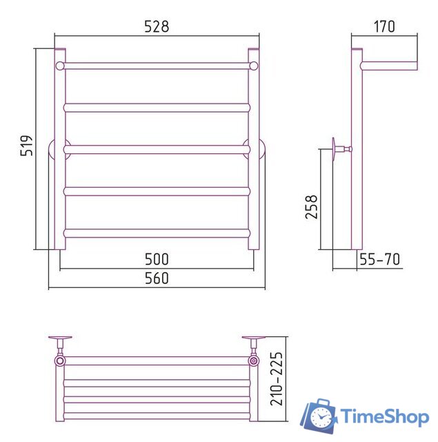 Полотенцесушитель Стилье Универсал-54 600х500 (Полка + 4) П 21 00654-6050 - Изображение №3 — Интернет-магазин Time-Shop