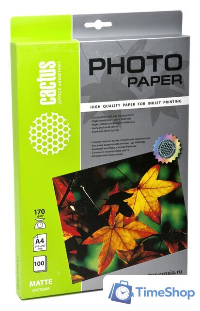 Фотобумага CACTUS Матовая A4 170 г/кв.м. 100 листов (CS-MA4170100) - Изображение №1 — Интернет-магазин Time-Shop