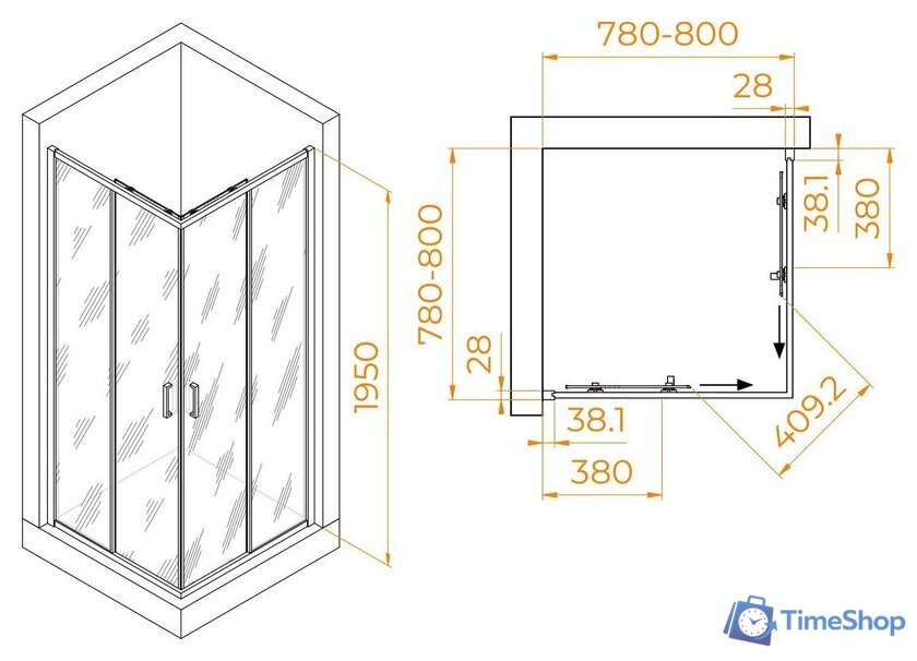 Душевой уголок RGW PA-39 03083988-11 80x80 (хром/прозрачное стекло) - Изображение №2 — Интернет-магазин Time-Shop