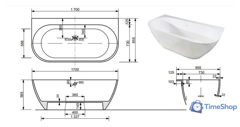 Ванна Эстет Майами пристеночная 170x85.5 ФР-00010630 - Изображение №6 — Интернет-магазин Time-Shop