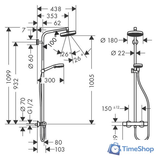Душевая система  Hansgrohe Crometta 160 1jet Showerpipe (27264400) - Изображение №3 — Интернет-магазин Time-Shop