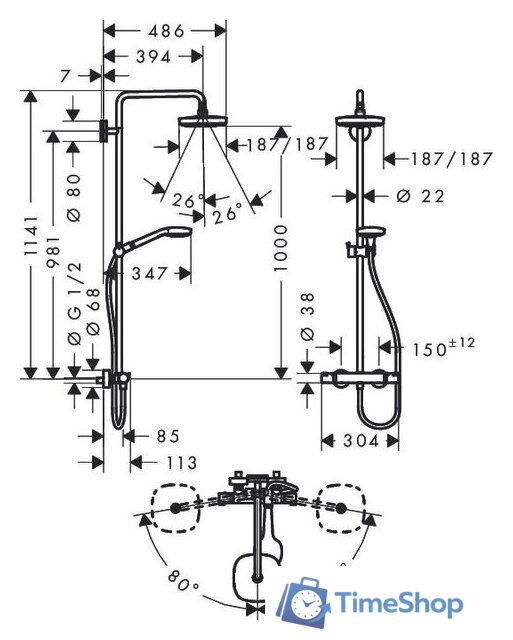 Душевая система  Hansgrohe Croma Select E 180 2jet Showerpipe (27256400) - Изображение №2 — Интернет-магазин Time-Shop