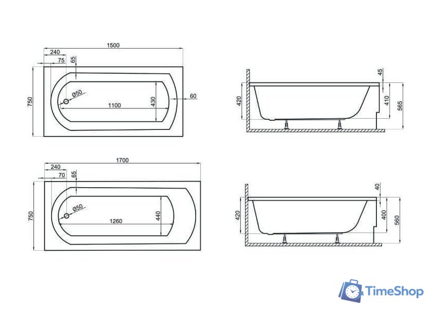 Ванна Polimat CLASSIC 170x70 с ножками - Изображение №2 — Интернет-магазин Time-Shop