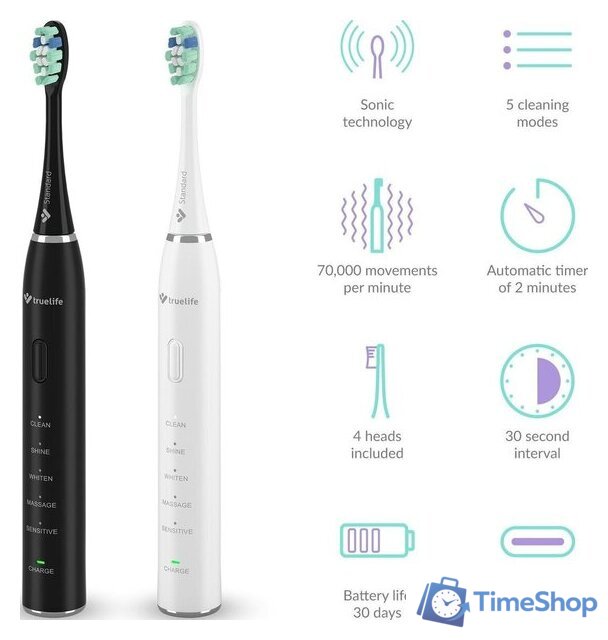 Комплект зубных щеток TrueLife SonicBrush Clean30 Duo - Изображение №4 — Интернет-магазин Time-Shop