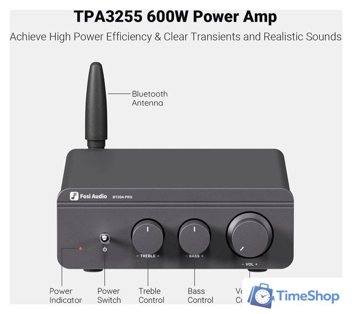 Усилитель мощности Fosi Audio BT20A Pro (48V/5A, синий) - Изображение №2 — Интернет-магазин Time-Shop