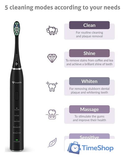 Электрическая зубная щетка TrueLife SonicBrush Clean30 (черный) - Изображение №2 — Интернет-магазин Time-Shop