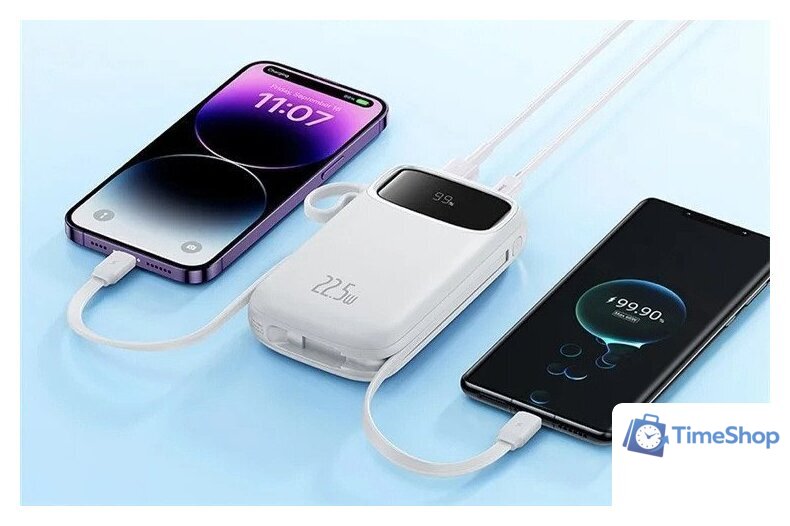 Внешний аккумулятор Baseus Qpow2 Dual-Cable Digital Display Fast Charge Power Bank 22.5W 20000mAh (белый) - Изображение №7 — Интернет-магазин Time-Shop