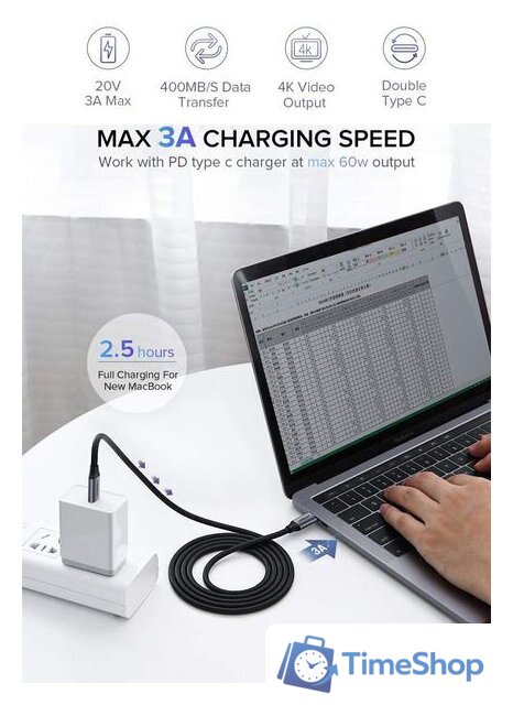 Кабель Ugreen US161 50751 USB Type-C - USB Type-C (1.5 м, черный/серый) - Изображение №3 — Интернет-магазин Time-Shop