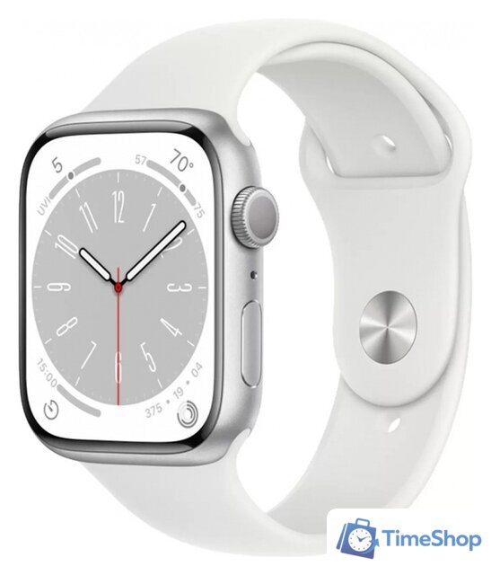 Умные часы Apple Watch Series 8 45 мм (алюминиевый корпус, серебристый/белый, спортивные силиконовые ремешки S/M + M/L) - Изображение №1 — Интернет-магазин Time-Shop