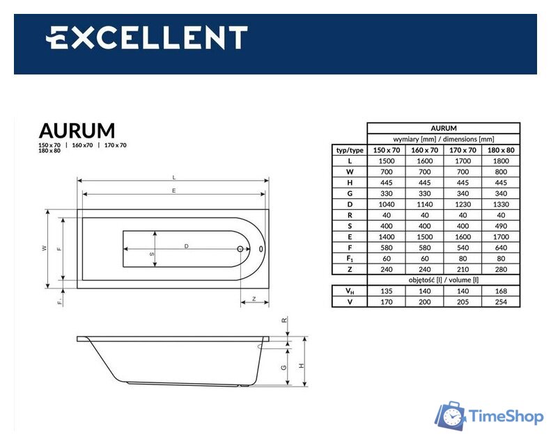 Ванна Excellent Aurum 150x70 (с ножками) - Изображение №3 — Интернет-магазин Time-Shop