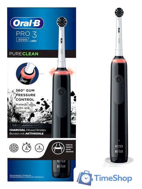 Электрическая зубная щетка Oral-B Pro 3 3000 Pure Clean Black D505.513.3 (черный) - Изображение №1 — Интернет-магазин Time-Shop