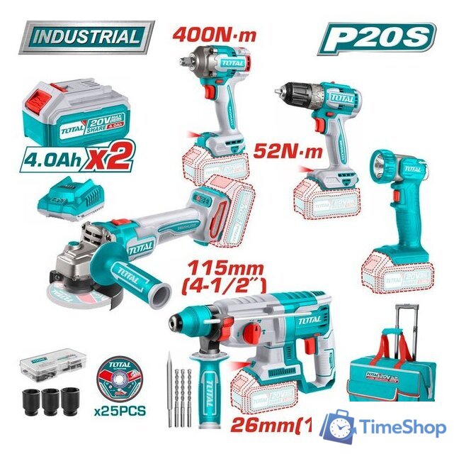  Total TCKLI2058 (шуруповерт, гайковерт, перформатор, болгарка, фонарь, 2 АКБ, сумка) - Изображение №1 — Интернет-магазин Time-Shop