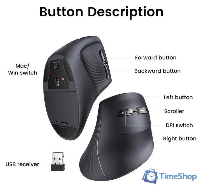 Вертикальная мышь Ugreen MU008 25444 (черный) - Изображение №5 — Интернет-магазин Time-Shop