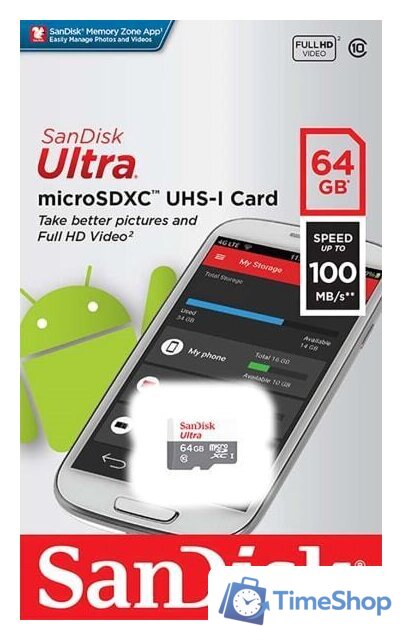 Карта памяти SanDisk Ultra SDSQUNR-064G-GN3MN microSDXC 64GB - Изображение №3 — Интернет-магазин Time-Shop