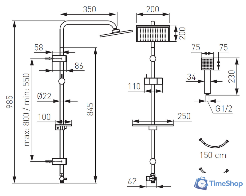 Душевая система  Ferro Squerto Lux NP24-BL (черный) - Изображение №2 — Интернет-магазин Time-Shop