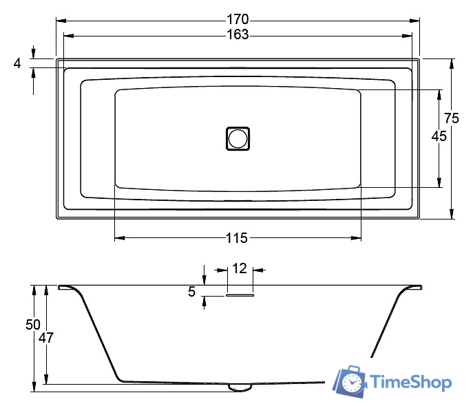 Ванна Riho Still Square 170x75 BR02005 (без ножек) - Изображение №2 — Интернет-магазин Time-Shop