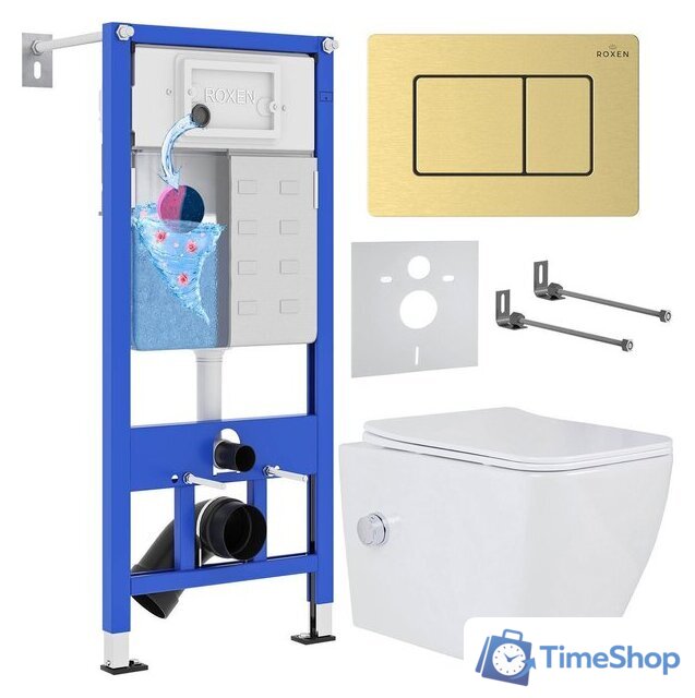 Унитаз подвесной Roxen Cube bidet в комплекте с инсталляцией StounFix Dual Fresh 6 в 1 968472 (кнопка: брашированное золото) - Изображение №1 — Интернет-магазин Time-Shop