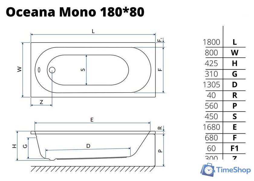 Ванна Excellent Oceana Mono 180x80 - Изображение №2 — Интернет-магазин Time-Shop