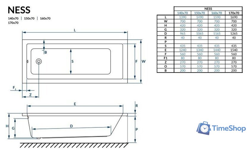 Ванна Excellent Ness Mono 150x70 (с ножками) - Изображение №5 — Интернет-магазин Time-Shop