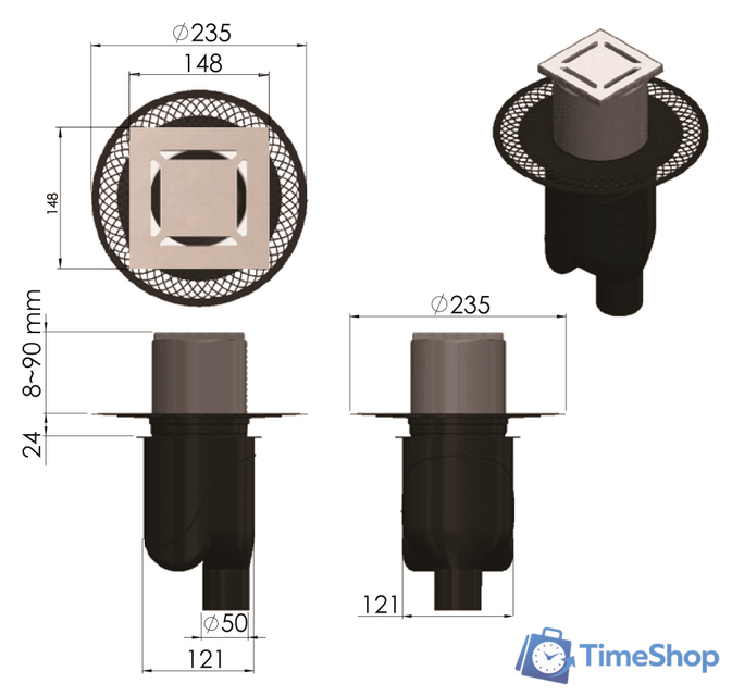 Трап/канал Berges Wasserhaus Platz Norma 150x150 090059 (матовый хром) - Изображение №6 — Интернет-магазин Time-Shop