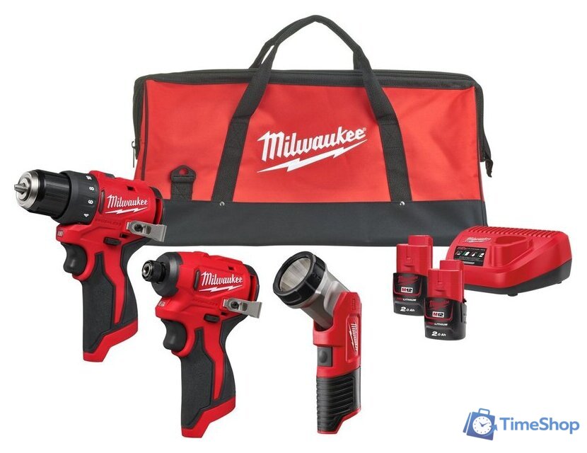  Milwaukee M12 BLPP3A-202B 4933499694 (шуруповерт, винтоверт, фонарь, 2 АКБ, сумка) - Изображение №1 — Интернет-магазин Time-Shop