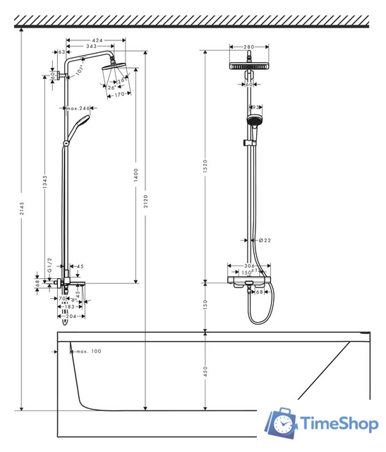 Душевая система  Hansgrohe Croma E Showerpipe 280 1jet 27687000 - Изображение №6 — Интернет-магазин Time-Shop