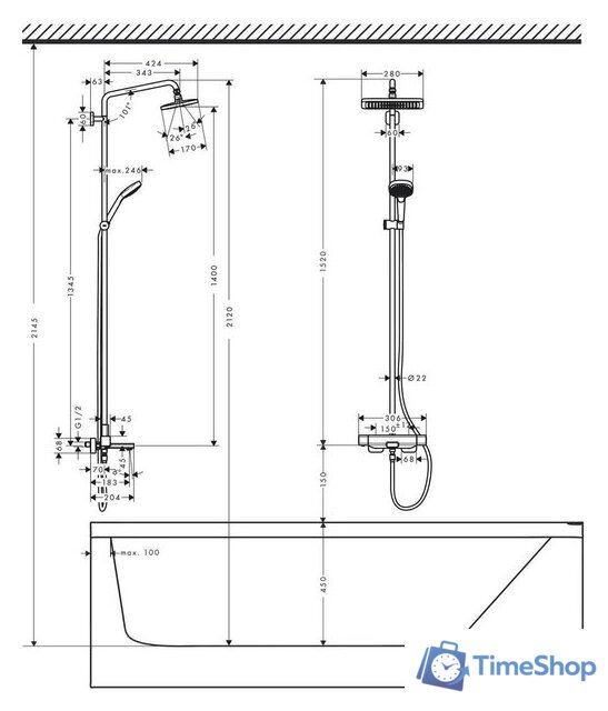 Душевая система  Hansgrohe Croma E Showerpipe 280 1jet 27687000 - Изображение №6 — Интернет-магазин Time-Shop