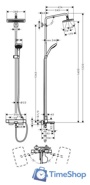 Душевая система  Hansgrohe Croma E Showerpipe 280 1jet 27687000 - Изображение №5 — Интернет-магазин Time-Shop