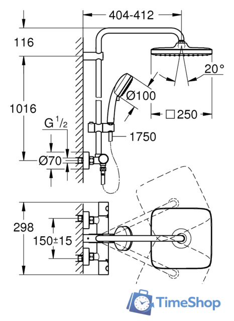 Душевая система  Grohe Tempesta Cosmopolitan System 250 Cube 26689000 - Изображение №4 — Интернет-магазин Time-Shop