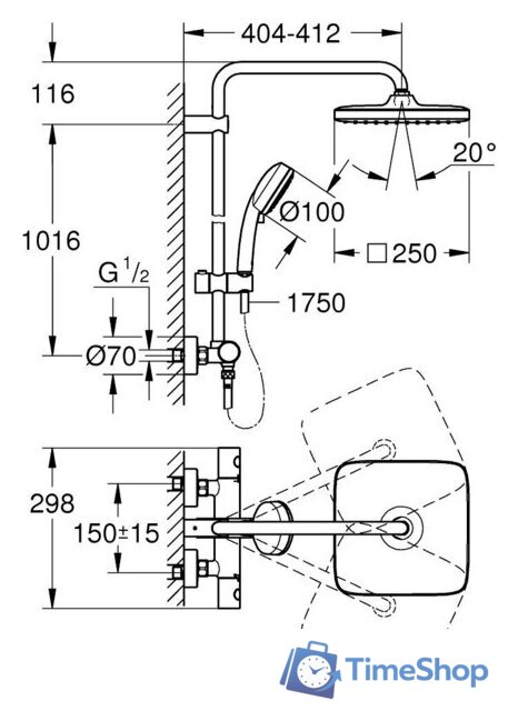 Душевая система  Grohe Tempesta Cosmopolitan System 250 Cube 26689000 - Изображение №4 — Интернет-магазин Time-Shop
