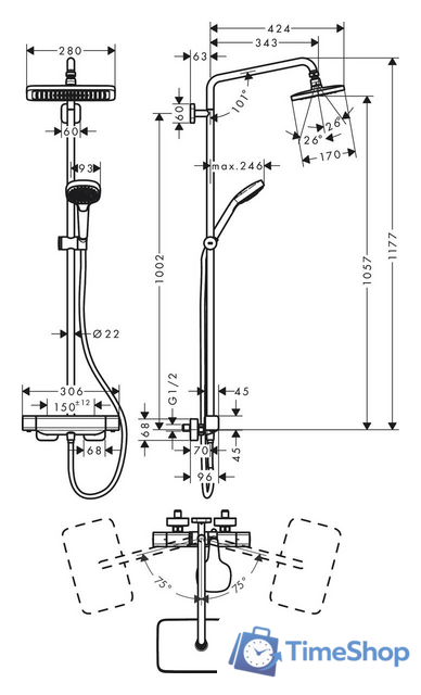 Душевая система  Hansgrohe Croma E Showerpipe 280 1jet 27630000 - Изображение №2 — Интернет-магазин Time-Shop