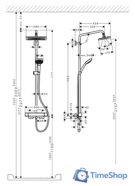 Душевая система  Hansgrohe Croma E Showerpipe 280 1jet 27630000 - Изображение №3 — Интернет-магазин Time-Shop